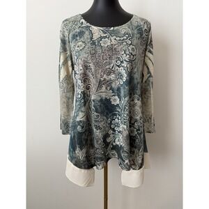 Cal Style Multi-Color Floral Design Embellished 3/4 Sleeve Tunic Top M Boho Y2K